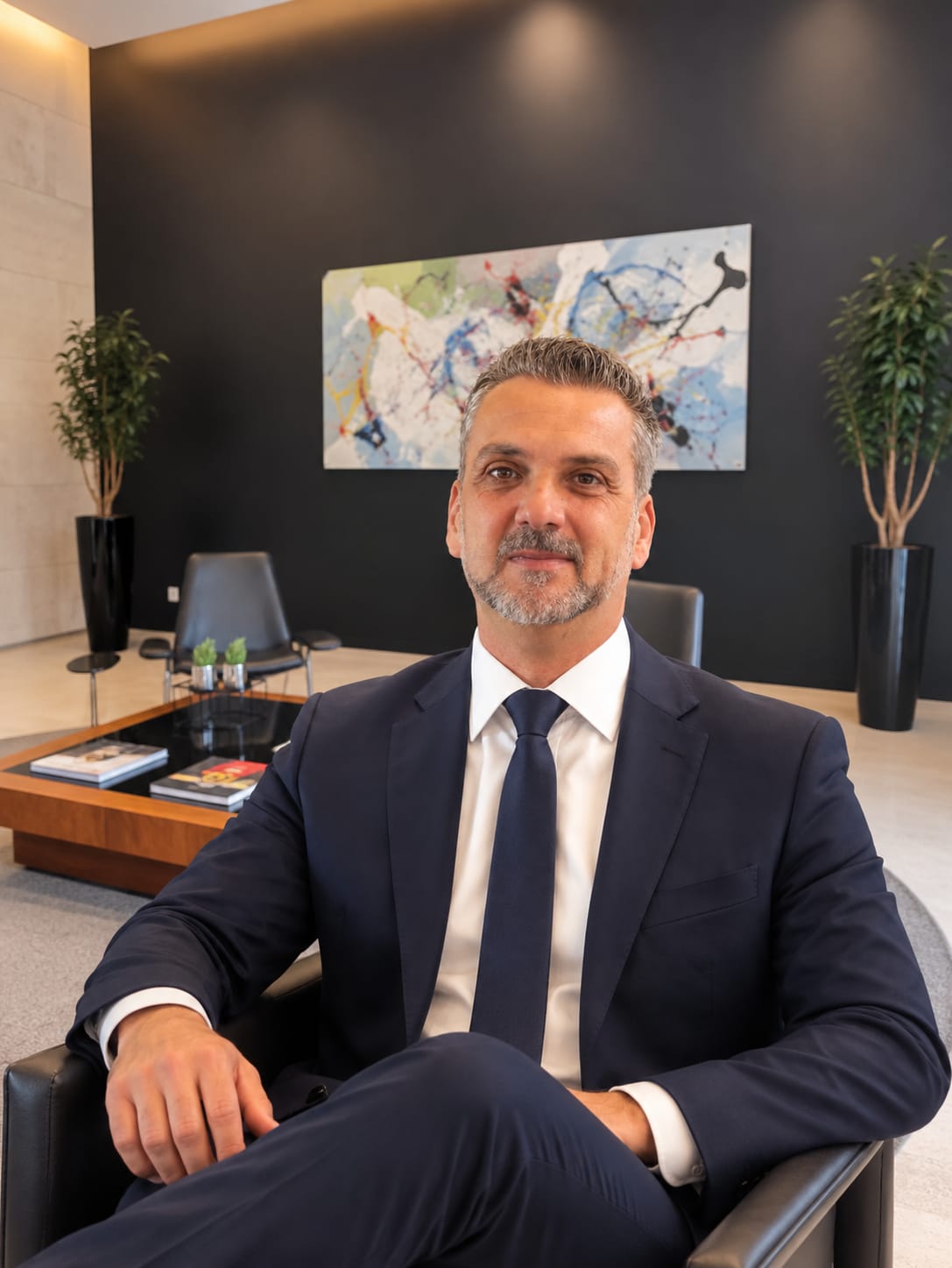 Fabio Sarkosi de terno, sentado em uma poltrona